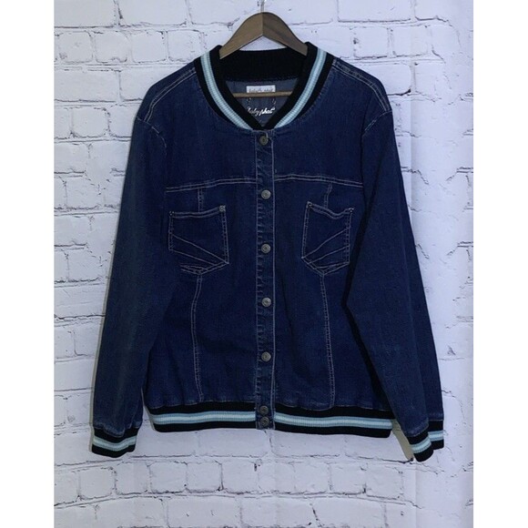 Baby Phat Varsity Bomber Jean Jacket Rib Knit Stripes Y2K Blue Denim - Picture 1 of 10